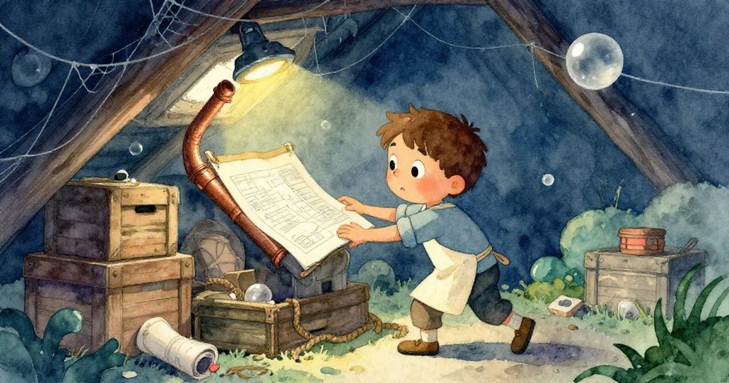 Milo 在閣樓中推動陳舊貨箱，發現破舊箱旁銅管藍圖，動作充滿驚喜，背景塵埃與蛛網交織歷史痕跡。