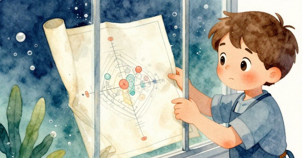 Milo 在工作臺前仔細檢視夾在玻璃中的濕藍圖，動作溫柔細緻，臉上驚奇與好奇情緒溢於言表。