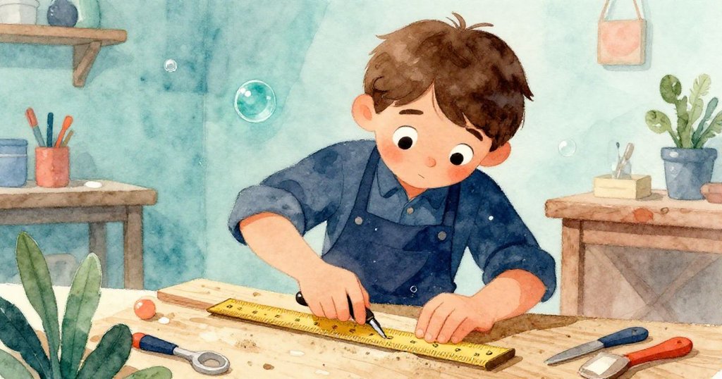 Milo 在工坊內專注用砂紙修整龍骨板，專心測量工具在手中動作生動，臉上透露努力與挑戰情緒。