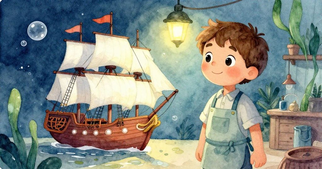 Milo 在溫暖工坊中迎接完成的三桅帆船，動作流露喜悅與成就，背景散落木屑暗示新冒險即將展開。