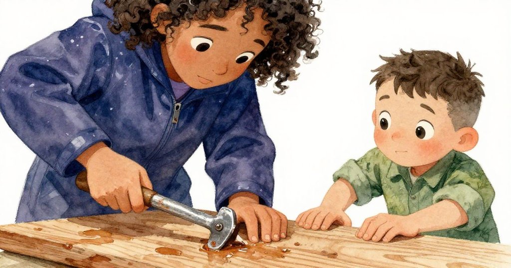 瑪拉與西奧專注操作破損木板與舊扳手，近距離展現冰涼手感、木紋細節和金屬斑駁光澤，情感堅定。