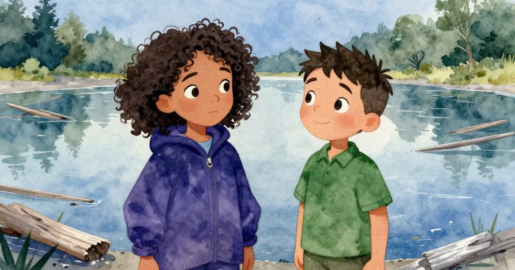 瑪拉與西奧站在潮水池邊，水面反射出他們堅毅面容和破敗船塢殘影，寧靜中透露後風暴的痕跡。