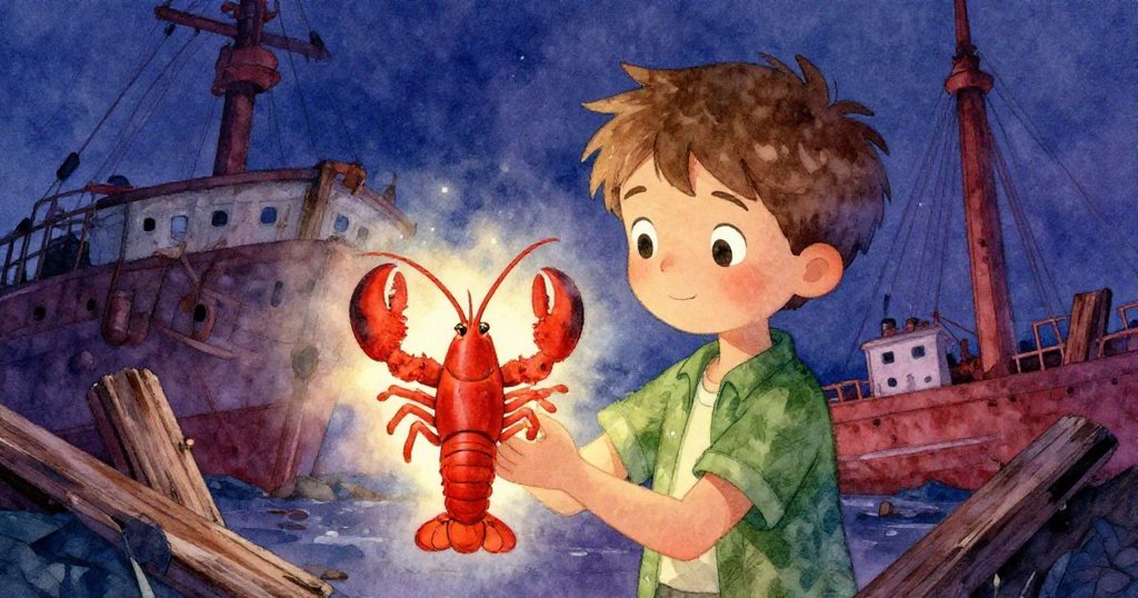 西奧溫柔握住意外出現的龍蝦，現實與夢幻交錯，背景中破敗船塢與木板映出奇妙與堅定情感。