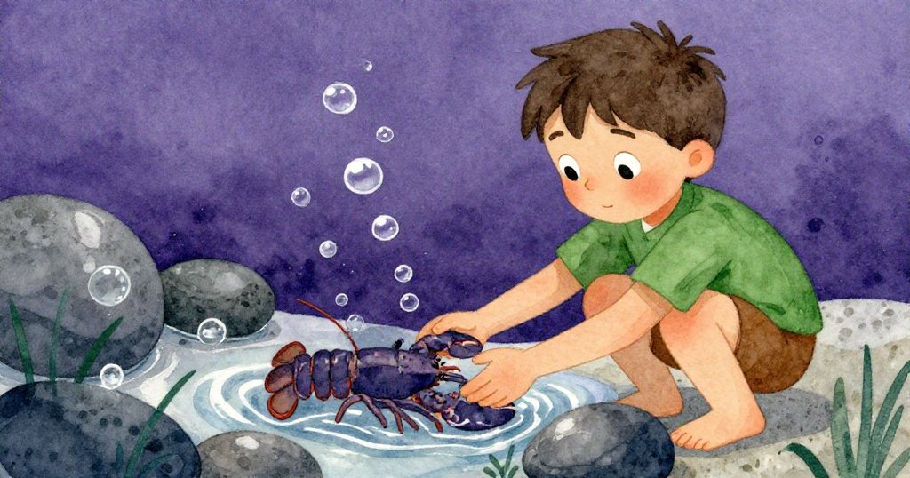 西奧小心翼翼將龍蝦送至潮水池，泡泡氤氳映出細膩關懷，背景石景與柔光中流露新奇發現之情。