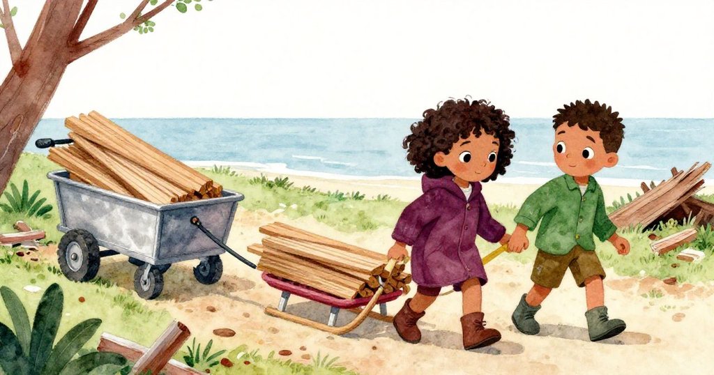 瑪拉與西奧齊心將木板拖向等待車輛，寬闊破舊院落中透露溫暖告別與堅定團結之情。