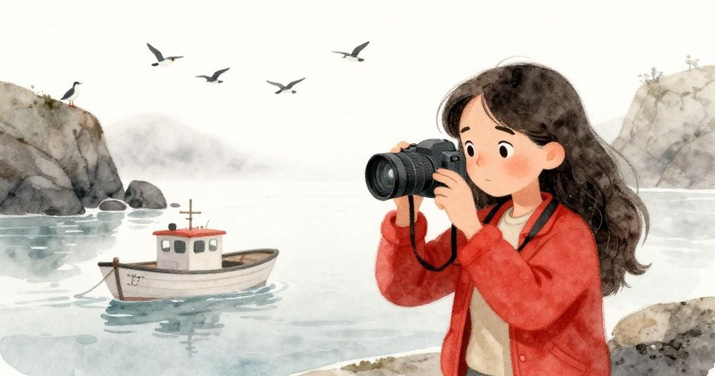 納爾達在小船上調整相機，背景是岩石海岸與霧氣中隱現的鳥群，營造出探索與神秘的氛圍。
