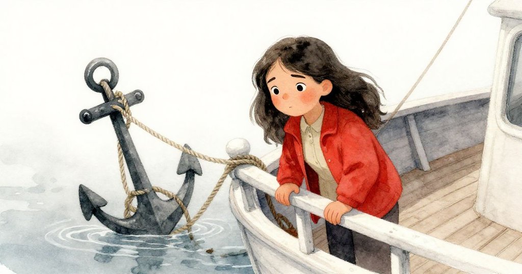 從高角度看到納爾達在船艙上努力解開纏繞著漂浮樹枝的錨繩，面露焦急與堅定，霧氣環繞。