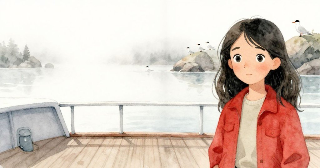 納爾達望向分割畫面，一邊是濃霧籠罩的空曠海岸，另一邊顯示岩石上停留著燕鷗，呈現現實與希望的交織。