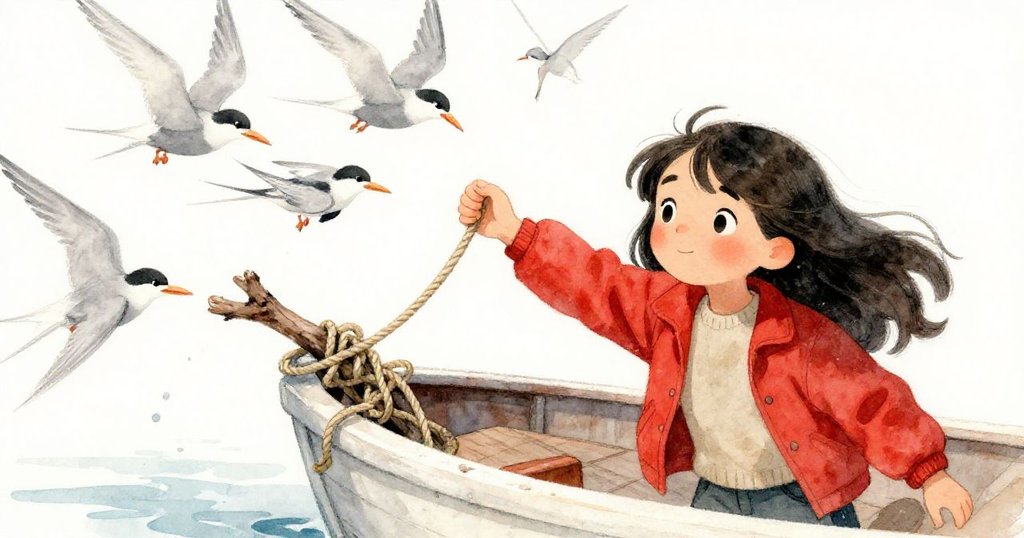 瞬間捕捉到樹枝脫落與燕鷗振翅飛翔落下的動感場面，納爾達目光專注，表情驚訝與釋然交織。