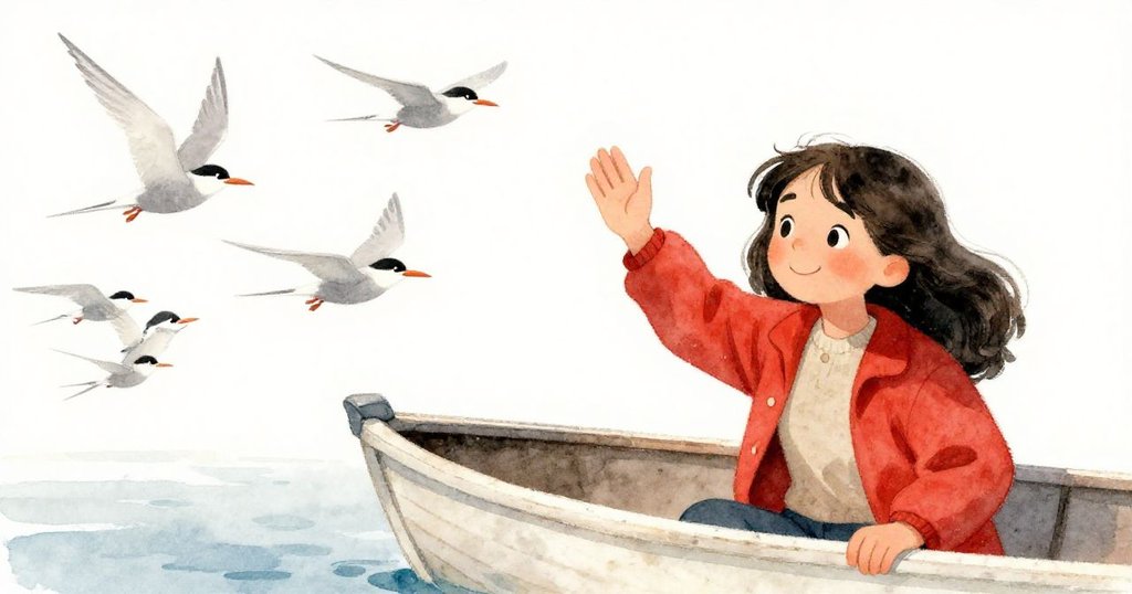 納爾達在溫暖的陽光下微笑揮手告別逐漸飛散的燕鷗，船艙和海面寧靜，散發出解脫與平和的氛圍。