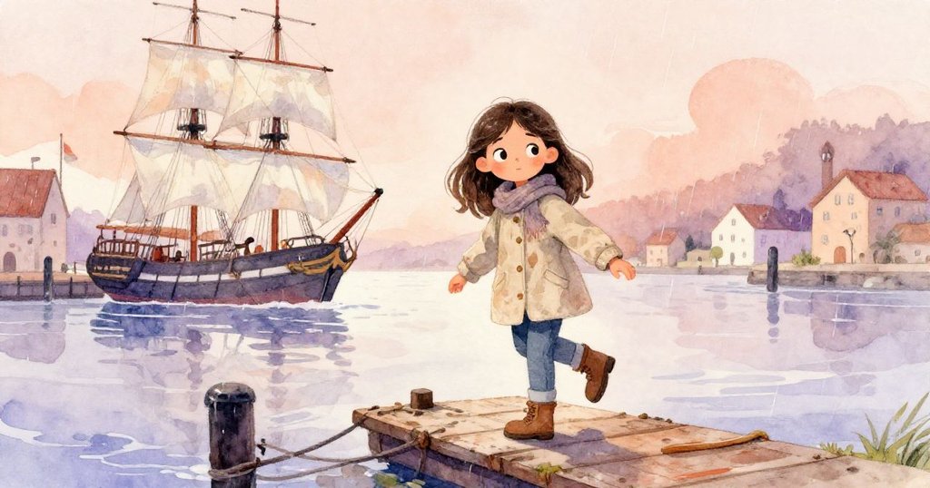 Mira踏上濕滑的木板橋，雨滴輕落中邁步向前，海港風景與老風帆船映出柔和晨光，冒險序幕徐徐展開。