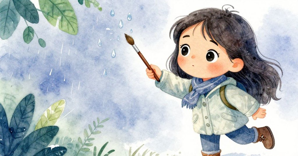 Mira專注凝視著手中畫筆，雨水輕落在臉龐上，情感溫柔充盈，背景海港朦朧散發靜謐氣息。