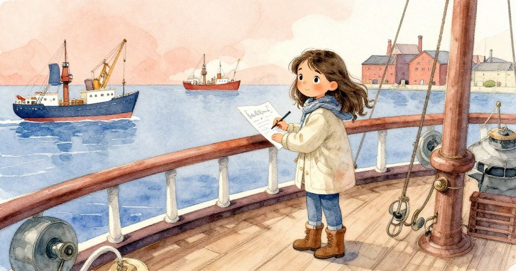 Mira站在舊船艙上俯瞰海港，勾勒起重機、船隻和倉庫的層次風景，眼中流露出專注與細膩情懷。