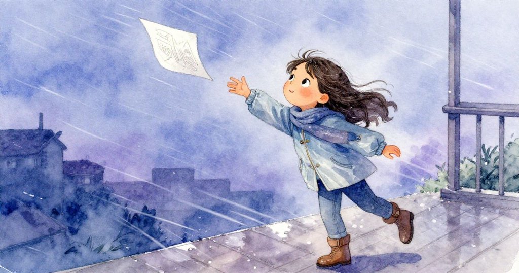 Mira在風雨中急速伸手追逐飛散畫紙，濕潤甲板和搖晃背景展現時光流逝，情緒由寧靜轉向急切。