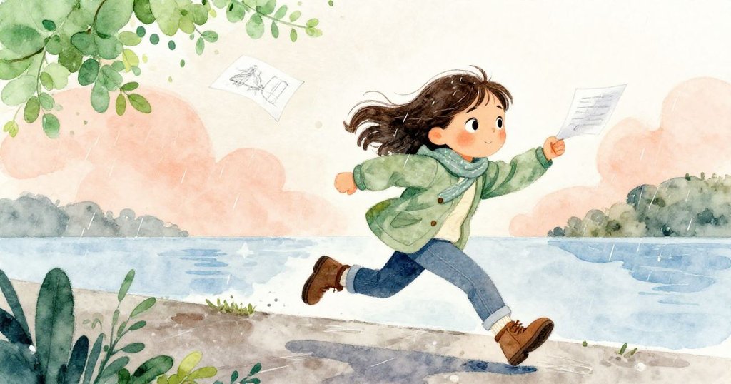 Mira在雨中急速奔跑追逐飛揚畫紙，濕滑碼頭與水花映出緊張氣氛，情節進入動感高潮。