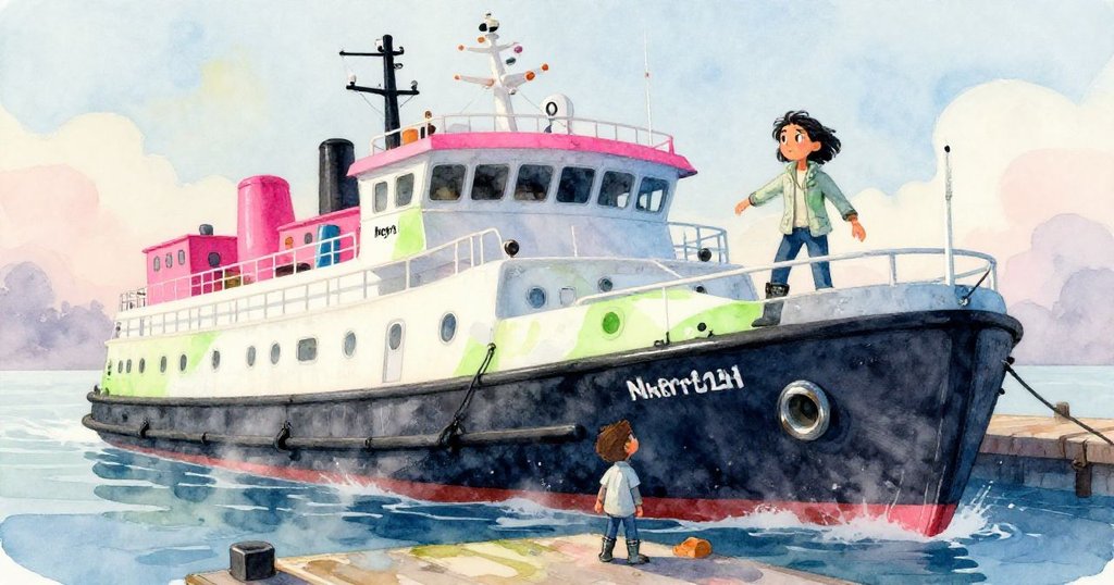 諾拉在研究駁船甲板上動作自信，背景展示柔和光線與河口景色，充滿探索與希望的情緒。