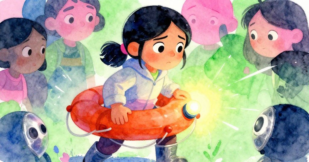 諾拉專注地舉著醒目的橘色浮標，手勢細緻，背景隱約顯現船甲板與水面，展現探索精神。