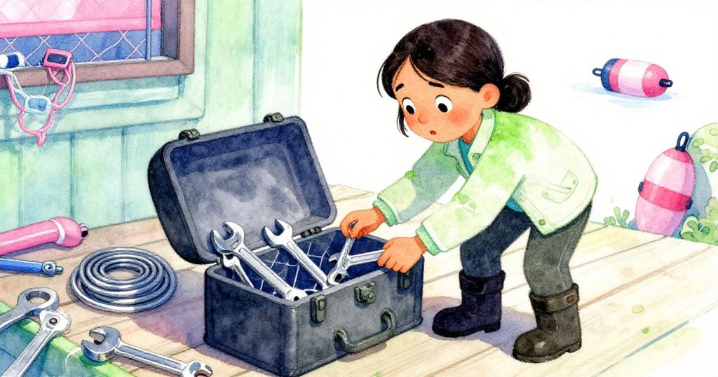 諾拉在船甲板上忙碌地從工具箱中取出細長扳手，前景散落工具與網繩，呈現多層次場景，情緒投入且專注。