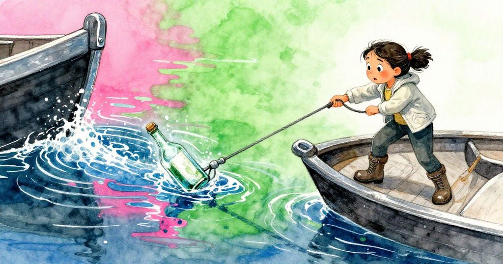 諾拉站在船首邊緣，使用船鉤撈起在渦流中漂浮的神秘瓶子，水面閃爍，展現好奇與期待情緒。