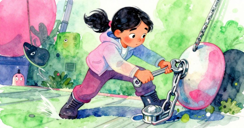 諾拉在微微傾斜的甲板上專注操作，手持扳手固定浮標扣具，臉上展露堅定笑容，充滿挑戰與克服情緒。