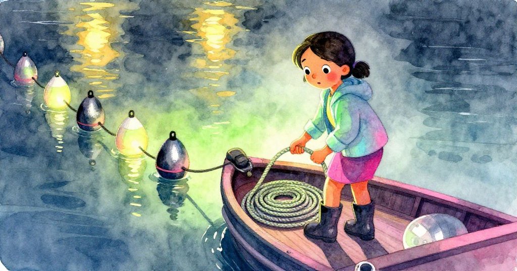 諾拉在平靜的河口凝視遠方，手中輕捲繩索，背後浮標閃爍，溫柔光線營造出寧靜安心的結局。