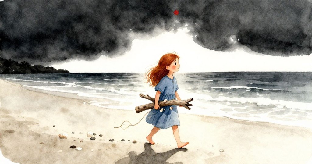 瑪拉在黎明的海灘上，攜帶海洋寶物與漂流木，表情堅定，晨曦與海浪交織出奇妙光影，充滿希望和決心