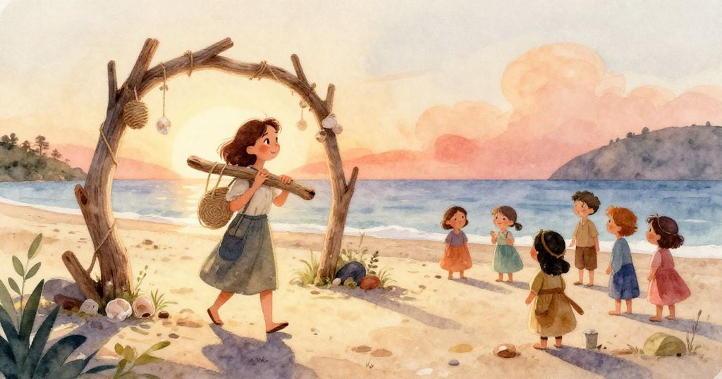 瑪拉的手緊握著光滑漂流木與精美貝殼，細節豐富，展現專心與細膩情感，背景隱約是柔和海邊風景