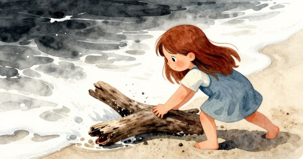 從背後看見瑪拉努力將漂流木壓入濕沙，海浪輕拂而來，她臉上流露出專注與微微無奈，展現過程變化