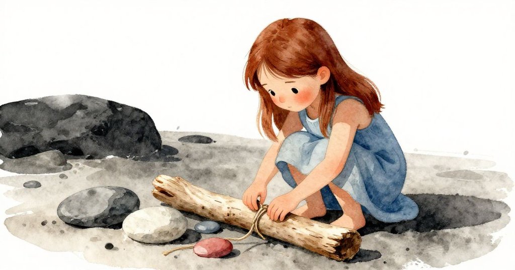 瑪拉在陽光下搬運材料，支撐漂流木在風化石與岩石間，用力拉緊twine，展現毅力與創意，氣氛溫暖明亮