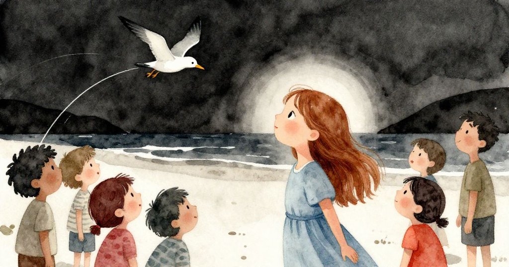 黃昏海灘上，瑪拉與嘉賓驚訝注視小海鳥從天空滑入拱門，意外中透出溫馨與共鳴