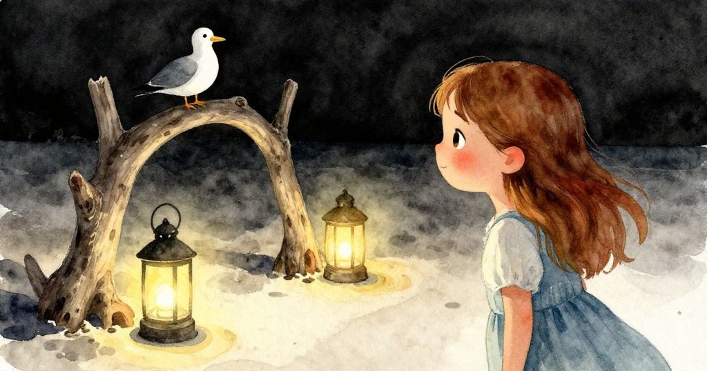 夜幕下，瑪拉與嘉賓圍繞著燈籠照亮的拱門，海鳥靜臥其中，溫暖燈光演繹出安寧庇護感，眾人皆露舒心微笑