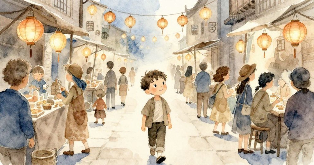 Eli 穿著樸素衣服在燈光柔和的街道上漫步，臉上露出好奇笑容，與市場中熙攘人潮互動，展現美好早晨。