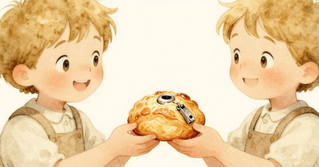 Eli 臉上流露驚喜接過溫熱酥脆糕點，糕點內藏閃爍小口哨，背景溫暖市場氛圍呼應友善互動。