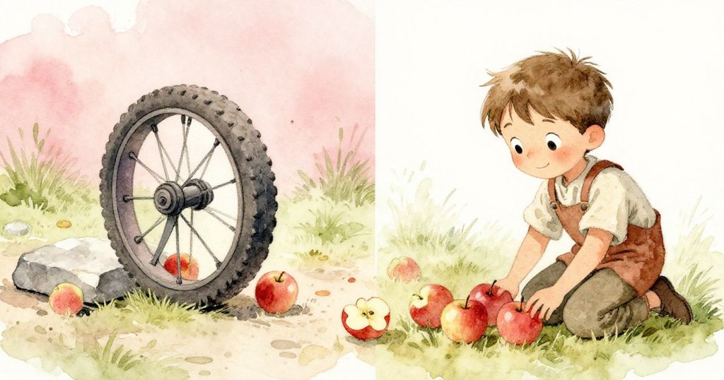 市場中車輪撞石蘋果四濺，Eli 迅速彎腰拾起散落蘋果，展現關懷與專注，兩面情景齊現，充滿活力。