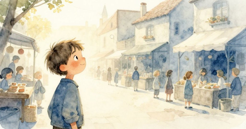 市場廣場從清晨金光燦爛漸變為柔和暮色，Eli 與攤販共處，場景展示時間流轉與靜謐美感。