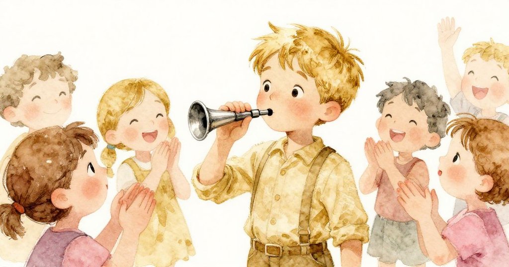 Eli 輕輕吹響口哨，孩子們圍繞激動鼓掌，臉上洋溢歡欣笑容，市場角落展現溫暖互動與快樂氛圍。