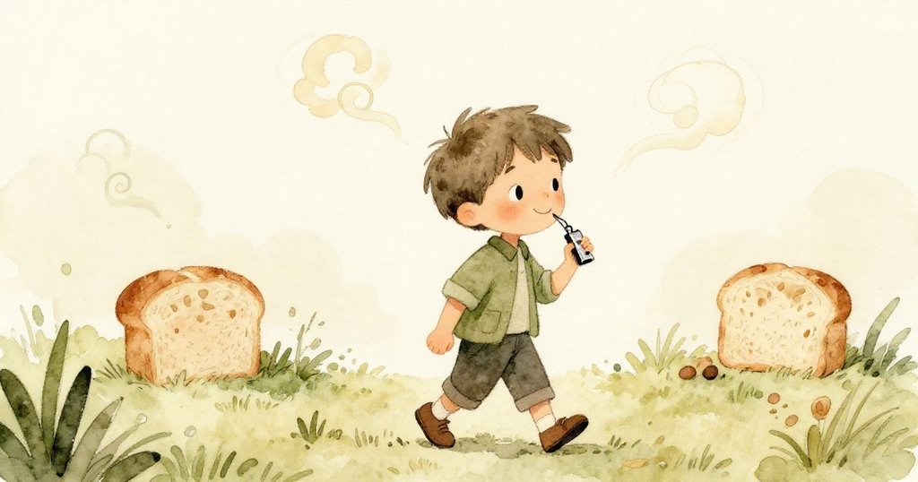 Eli 帶著滿足微笑步向家園，麵包蒸氣優雅捲舞象徵新起點，溫暖夕光中流露出希望與柔情。