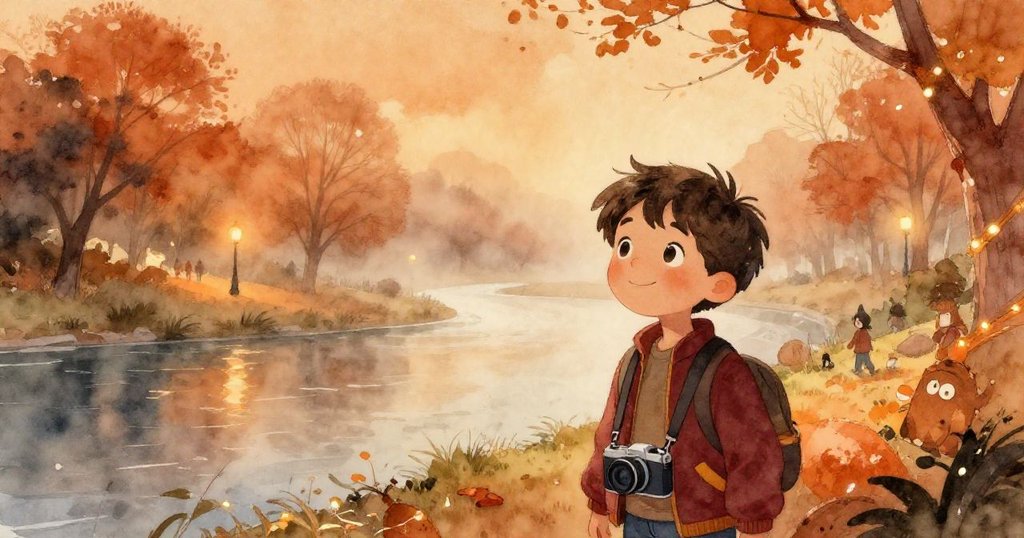 米洛站在河畔公園，輕霧籠罩，初夜溫柔燈光下人群匯聚，他滿懷期待，感受夢幻氛圍。