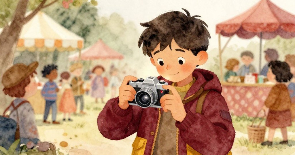 米洛仔細檢查胸前相機，紅色電池燈閃爍，動手操作中顯示專注與疑惑。