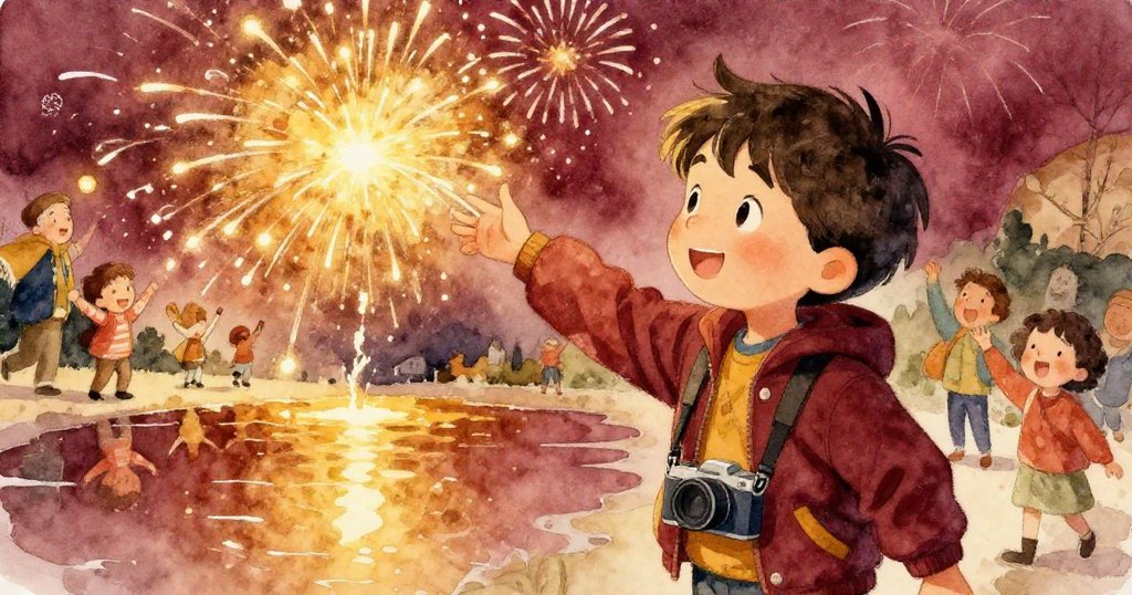 米洛轉至河畔，調整手機角度捕捉倒影，音浪與煙火交織激勵創意表情。