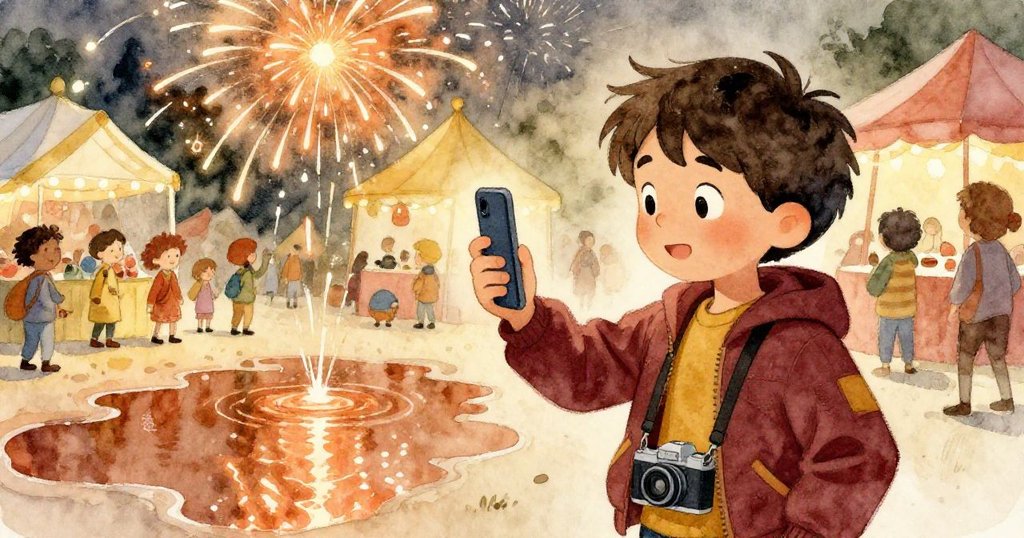 米洛用手機聚焦反射煙火，神情專注又帶挑戰，環境熱鬧中他精心操作。