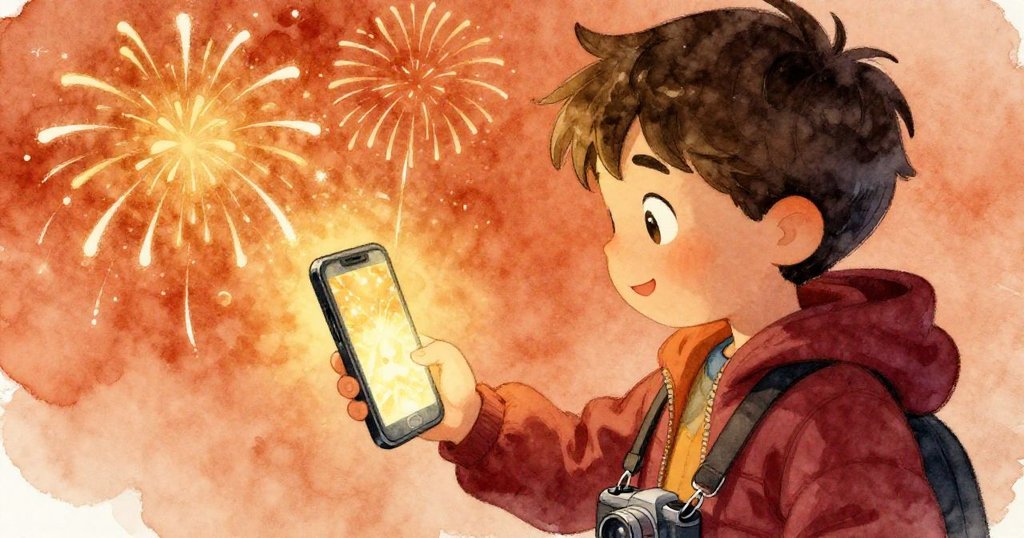 米洛終於拍下雙重煙火倒影，手機屏幕光芒映出奇幻景致，滿足又帶感慨。