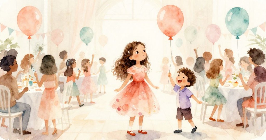 瑪麗亞站在熱鬧派對大廳中，四周人群歡笑熱情，背景中弟弟與氣球嬉戲，燈光柔和充滿節慶氛圍。