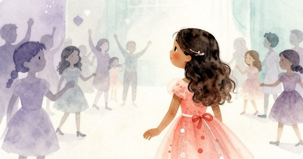 從瑪麗亞肩後視角看熱鬧人群，她低頭穿過擁擠人群，輕微推擠中展現出決心與期待。