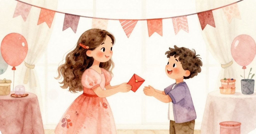 瑪麗亞走到弟弟身旁，在掛滿長橫幅的區域中與賓客交換紅包，場景溫馨充滿節日喜悅。