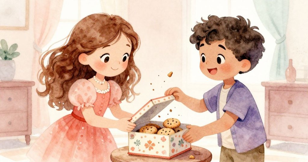 弟弟興奮打開盒子拆分閃亮曲奇，曲奇碎屑飛舞，瑪麗亞滿臉欣喜，動作充滿活力與分享的情誼。