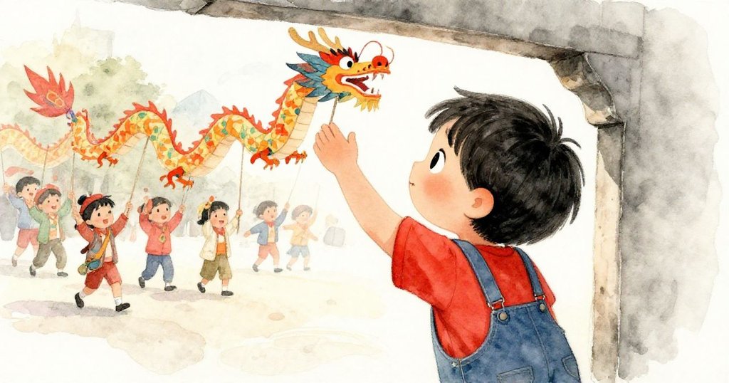 從凱背後觀察，他伸手取燈掛扣，背景演出者排鼓練習，紙雕龍閃爍著節慶光彩，氛圍愉悅。