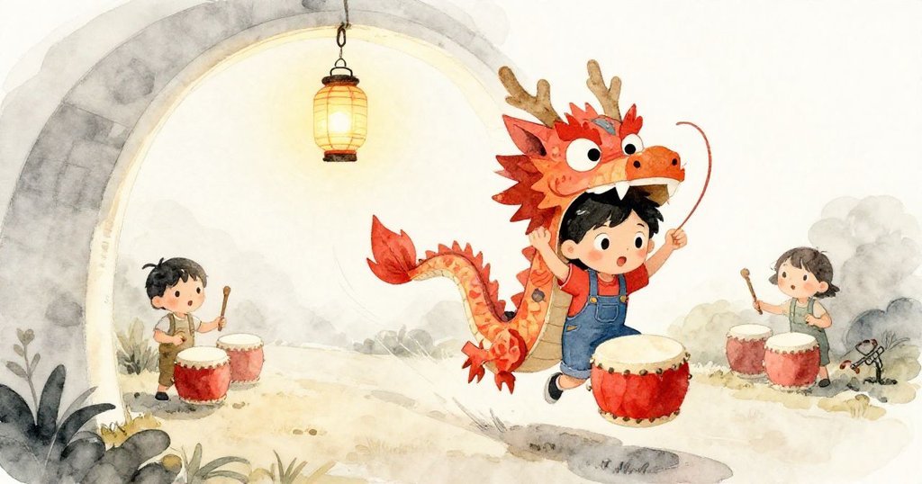 鼓點響起時燈籠滑動彈跳，進入彩繪紙雕龍內，整個街區帶著驚喜與節慶慌亂，動感十足。