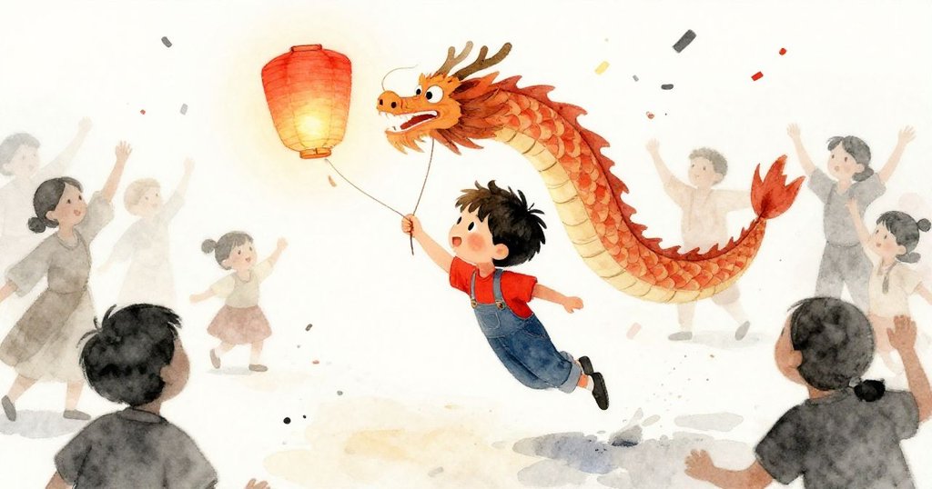 凱急速追趕彈跳燈籠，臉上寫著擔憂與決心，舞者旋轉，彩紙飛灑，充滿動感與挑戰。