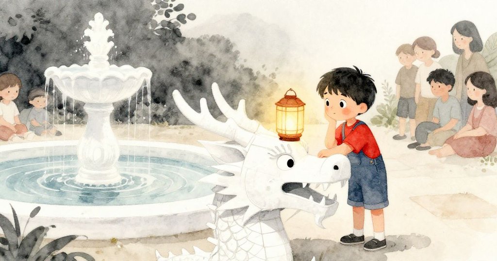 燈籠安歇於龍頭旁，旁邊噴泉散發柔光，凱與社群露出平和喜悅，節慶歸於溫馨落幕。